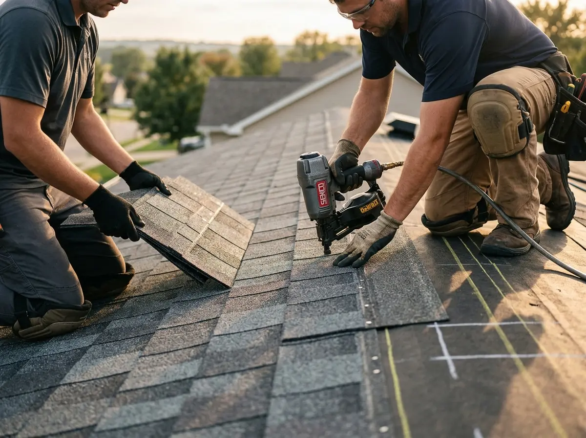 Professional roofer working on a residential roof in Newington